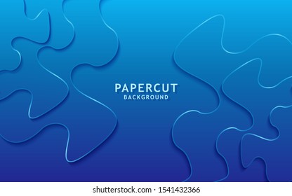 Blue paper cut background. Abstract realistic papercut decoration textured with wavy layers. 3d topography relief. Vector topographic illustration. Cover layout template.