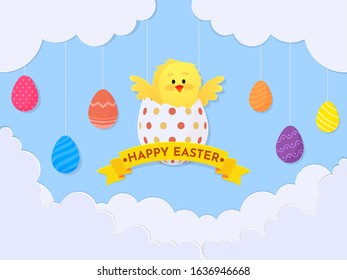 Blue Paper Cut Clouds Background Decorated with Hanging Printed Eggs and Cute Chick in Egg for Happy Easter Celebration Concept.