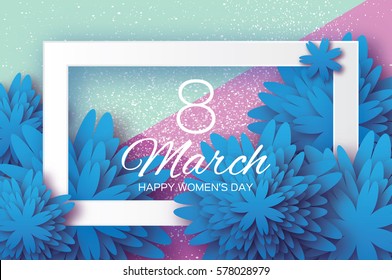 Blue Paper Cut flower. 8 March. Women's Day Greeting card. Origami Floral bouquet. Rectangle frame. Space for text. Happy Mother's Day. Geometry background Vector Spring illustration