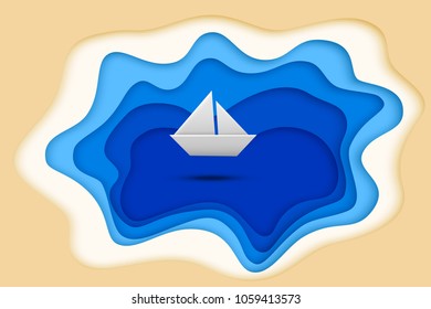 Blue paper cut lake and paper ship isolated on white background. Vector illustration.