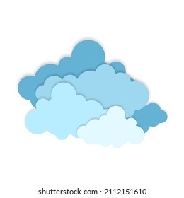 Blue paper cut out cloud icons, signs,weather symbols. Paper cut lot of clouds. Sunny day clouds. Creative paper craft art style, vector illustration.