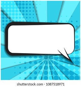 Blue paper cut retro comic speech bubble on dotted and striped square background. Outline message balloon on turquoise for comics book or advertising text, web and banner design