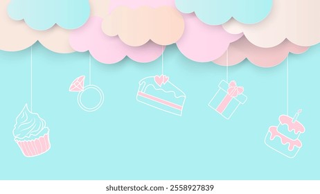 Blue Paper Cut Template with 3D Clouds, Doodle cake, gift, ring, cupcake for Valentine's Day, Happy Women, Mothers, Birthday. Vector Poster Design Concept Love Banner for Social Media, Web, Marketing.