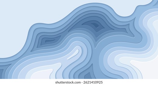 Papel azul corta relevo de topografia. Ilustração vetorial das camadas de fluxo de água do rio de corte de papel vista superior, textura 3d do oceano ou da onda do mar, papel de parede de recorte, paisagem origami abstrata, fundo da apresentação