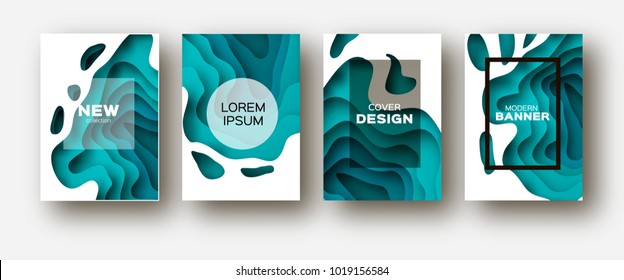 Blue Paper Cut Wave Shapes. Layered curve Origami design for business presentations, flyers, posters. Set of 4 vertical banners. 3D abstract map carving. Text. Frame.