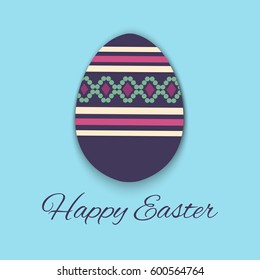 Blue paper Easter eggs with pattern of stripes, circles and rhombuses. Inscription Happy Easter. Illustration can be used in the newsletter, brochures, postcards, tickets, advertisements, banner.