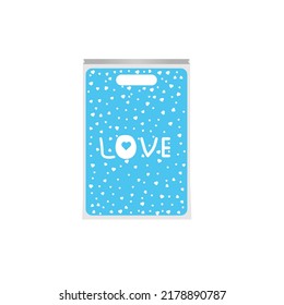 Blue paper gift bag, with hearts and the inscription love. For mom if a boy