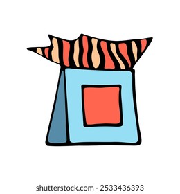 Blue paper gift bag and striped wrapping paper. Bags for fashion ads, seasonal sales, and store promotions. Sketch illustration. Vector image.