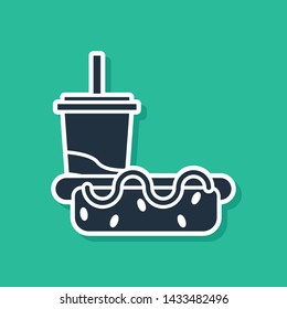 Blue Paper glass with drinking straw and hotdog icon isolated on green background. Soda aqua drink sign. Hamburger, cheeseburger sandwich.  Vector Illustration
