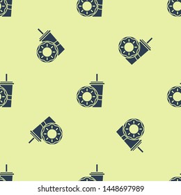 Blue Paper glass with drinking straw and donut icon isolated seamless pattern on white background. Soda aqua drink sign. Fast food menu.  Vector Illustration