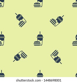 Blue Paper glass with drinking straw and burger icon isolated seamless pattern on white background. Soda aqua drink sign. Hamburger, cheeseburger sandwich.  Vector Illustration