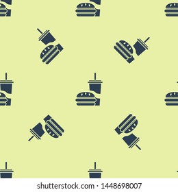 Blue Paper glass with drinking straw and burger icon isolated seamless pattern on white background. Soda aqua drink sign. Hamburger, cheeseburger sandwich.  Vector Illustration