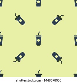 Blue Paper glass with drinking straw and water icon isolated seamless pattern on white background. Soda drink glass. Fresh cold beverage symbol.  Vector Illustration