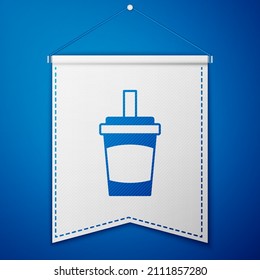 Blue Paper glass with drinking straw and water icon isolated on blue background. Soda drink glass. Fresh cold beverage symbol. White pennant template. Vector
