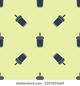 Blue Paper glass with drinking straw and water icon isolated seamless pattern on yellow background. Soda drink glass. Fresh cold beverage symbol.  Vector