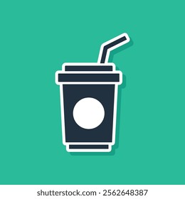 Blue Paper glass with drinking straw and water icon isolated on green background. Soda drink glass. Fresh cold beverage symbol.  Vector