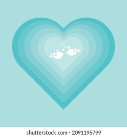 Blue paper heart with birds in love. Love and Valentine's Day