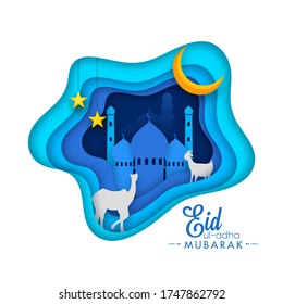 Blue Paper Layer Cut Background with Mosque, Camel, Goat, Hanging Stars and Crescent Moon for Eid-Ul-Adha Mubarak Concept.