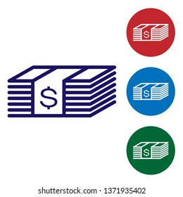 Blue Paper money american dollars cash icon isolated on white background. Money banknotes stack with dollar icon. Bill currency. Set color icon in circle buttons. Vector Illustration