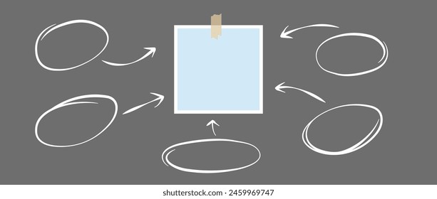 Blue paper note glued on adhesive tape and hand drawn arrows and circles. Mood board, process flow and diagram chart template for mockup, poster design, banner, flyer, brochure. Vector illustration