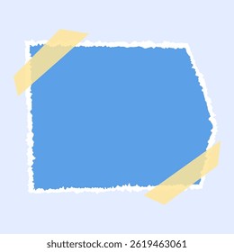Memorando de nota de papel azul com fita adesiva. Folha de papel rasgada quadrada com fita adesiva. Folha de papel azul da colagem de arte contemporânea. Lembrete em branco de papel rasgado