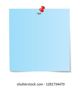 Blue paper note with red pushpin isolated on a white background