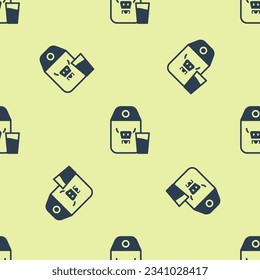 Blue Paper package for milk and glass icon isolated seamless pattern on yellow background. Milk packet sign.  Vector