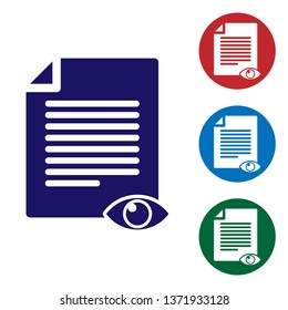 Blue Paper page with eye symbol icon isolated on white background. Open information file sign. Set color icon in circle buttons. Vector Illustration