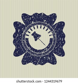 Blue paper pin icon inside distress rubber grunge texture seal