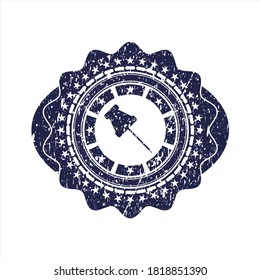 Blue paper pin icon inside rubber stamp with grunge texture. 