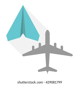 Blue paper plane casting shadow of big real airliner. Business success, vision, ambition, motivation and dream concept. EPS 8 vector illustration, no transparency