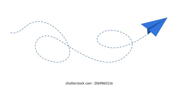 Blue paper plane with dotted path. Vector design element