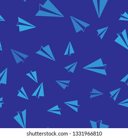 Blue Paper plane icon isolated seamless pattern on blue background. Paper airplane icon. Aircraft sign. Vector Illustration