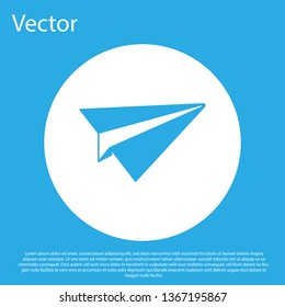Blue Paper plane icon isolated on blue background. Paper airplane icon. Aircraft sign. White circle button. Flat design. Vector Illustration