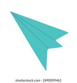 Blue Paper plane isolated on white background. Travel and Messaging Concept Vector Flat illustration, Cartoon Design Element for Sticker pack, Print Textile, T-shirt. Symbol and Icon, Graphic Art.