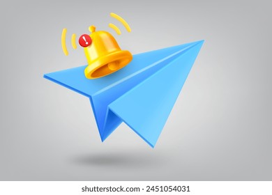Blue paper plane and notification bell. 3d vector illustration