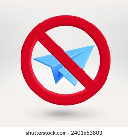 Blue paper plane in red circle with crossed line. No messages concept. 3d vector icon 