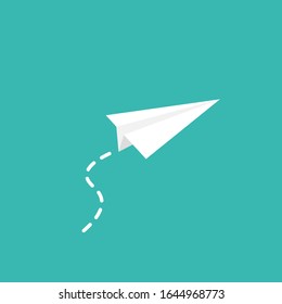 Blue paper plane with trace icon. Flat origami airplane isolated on white background. Vector illustration. Message, letter, mail symbol. Start up and launch, invention and development  sign. 