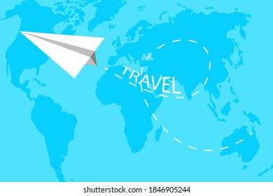 Blue paper plane travel sky. Concept flat vector illustration. Isolated background. Origami paper plane travel sky.