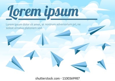 Blue paper planes. Flat illustration with sky background. Vector illustration with clouds.
