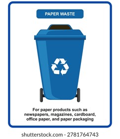 Blue Paper Recycling Bin Vector Illustration for Paper Waste Disposal and Environmental Recycling System, Modern Trash Can Design, Easy to Use and Fully Editable