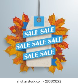 Blue paper ribbon with price sticker and autumn foliage on the gray background. Eps 10 vector file.