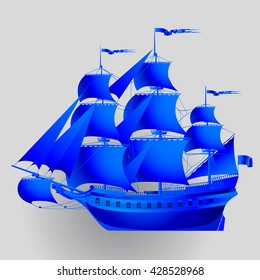Blue paper sailing ship on gray background. Vector illustration