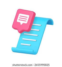 Blue paper scroll and a speech bubble symbolizes planning, conversation, and organization for communication tools and apps. Suitable for digital business purposes. Isolated 3d icon vector illustration