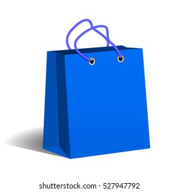 Blue paper shopping bag. Packaging of goods from the store. Shops for sale. Vector Image.