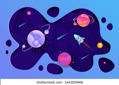 Blue paper space cut background with galaxy, planets and stars. A space paper rocket flies through the universe, planets and asteroids. Cartoon paper cut vector illustration.