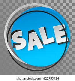 Blue paper sticker, label with frame and white lettering SALE on transparent background. Vector illustration.  