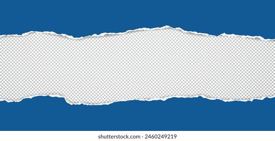 Blue paper strips with torn edge and soft shadow is on squared background for text or ad. Vector illustration.