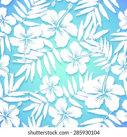 Blue paper tropical flowers vector seamless pattern tile