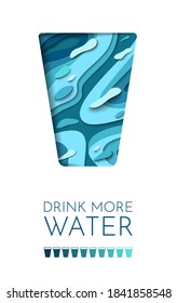 Blue paper water glass paper cut design. Paper art style. Drink water. Refreshment and beverage